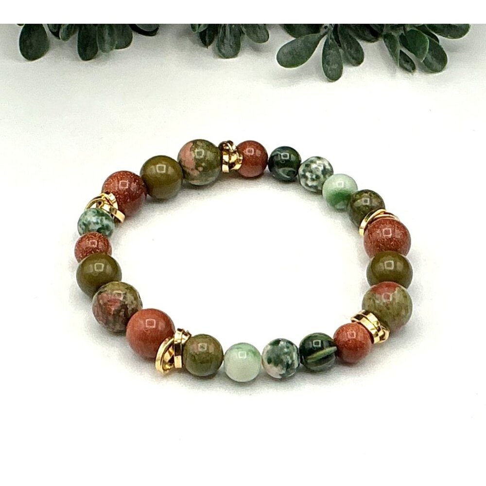Natural Gemstone Bead Bracelet With Gold-Tone Accents stretch
